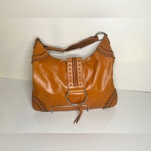 BCBGIRLS Camel leather grommet accent shoulder bag